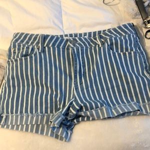 High waisted blue and white stripe denim shorts